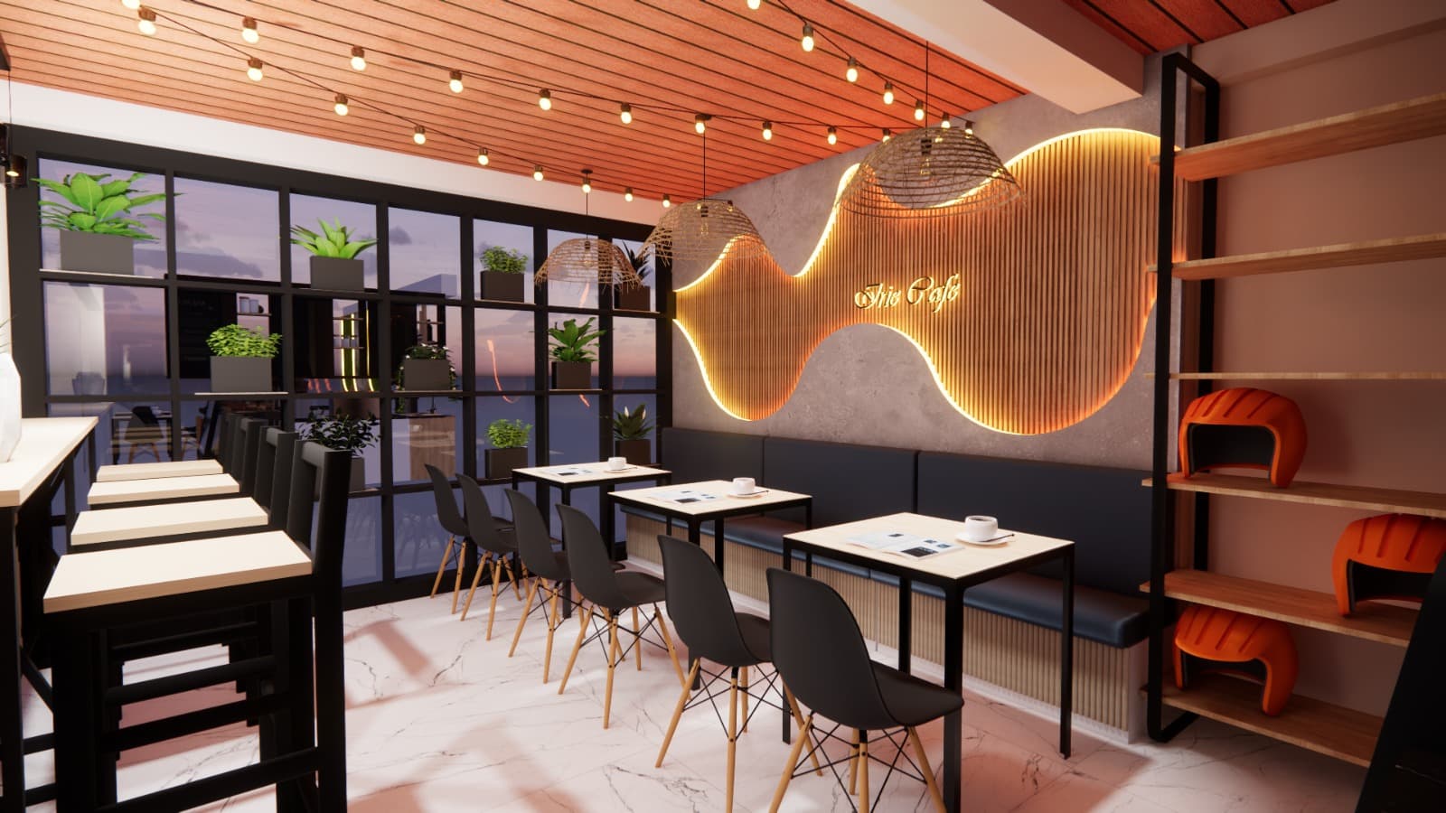 Shiv Café's finished dining floor with the backlit wave feature wall